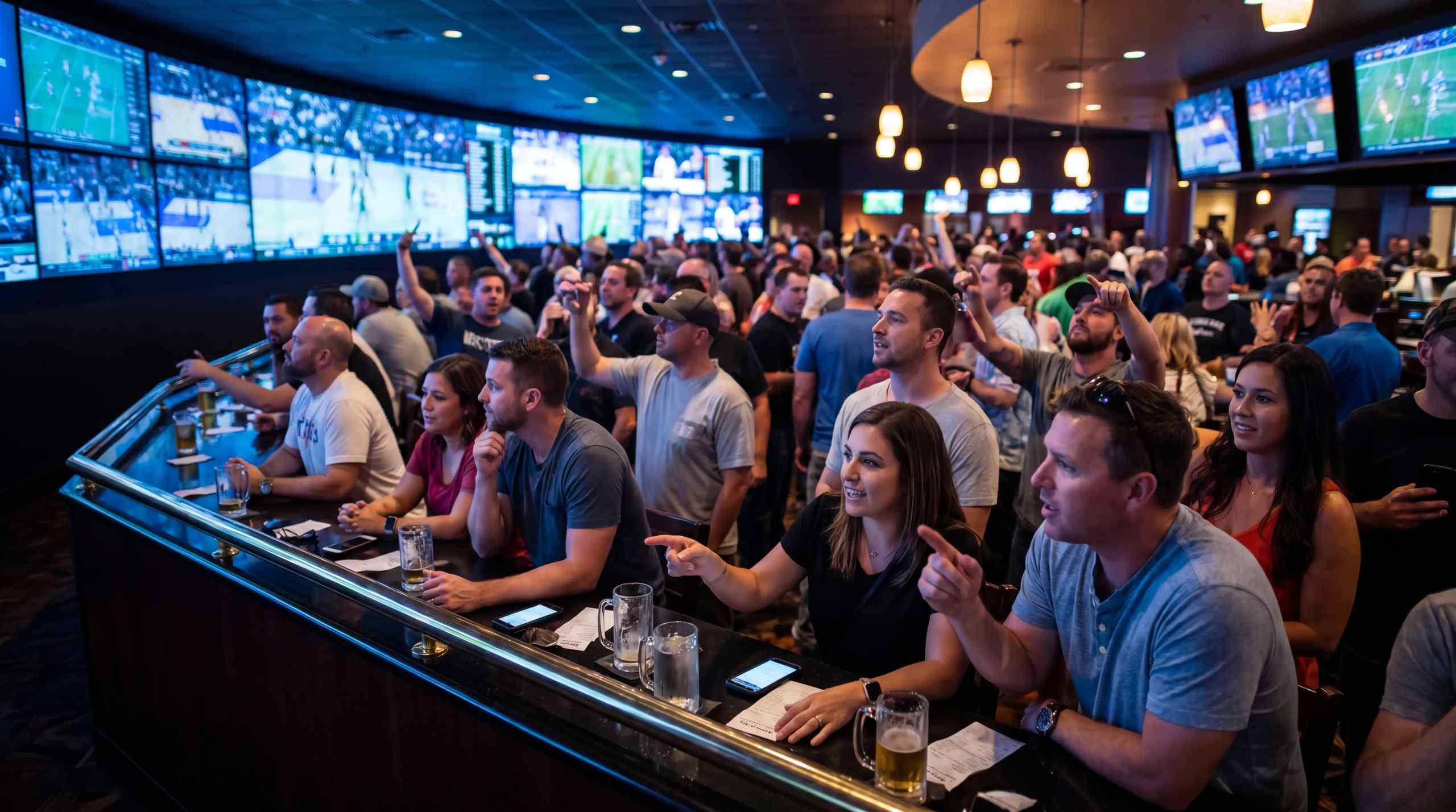 A group of fans and sports bettors cheering at a Las Vegas sports book.